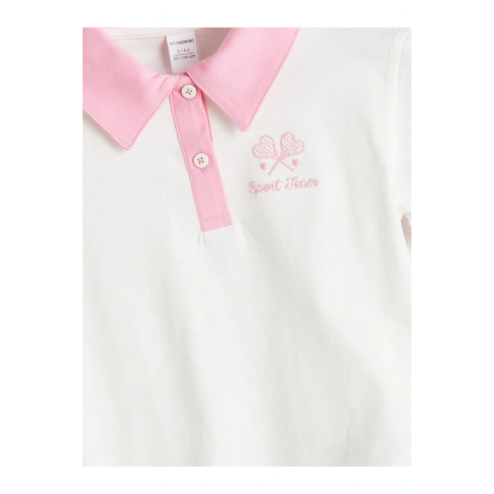 LCW Kids Ekru Polo Yaka Nakışlı Penye Kız Çocuk Tişört