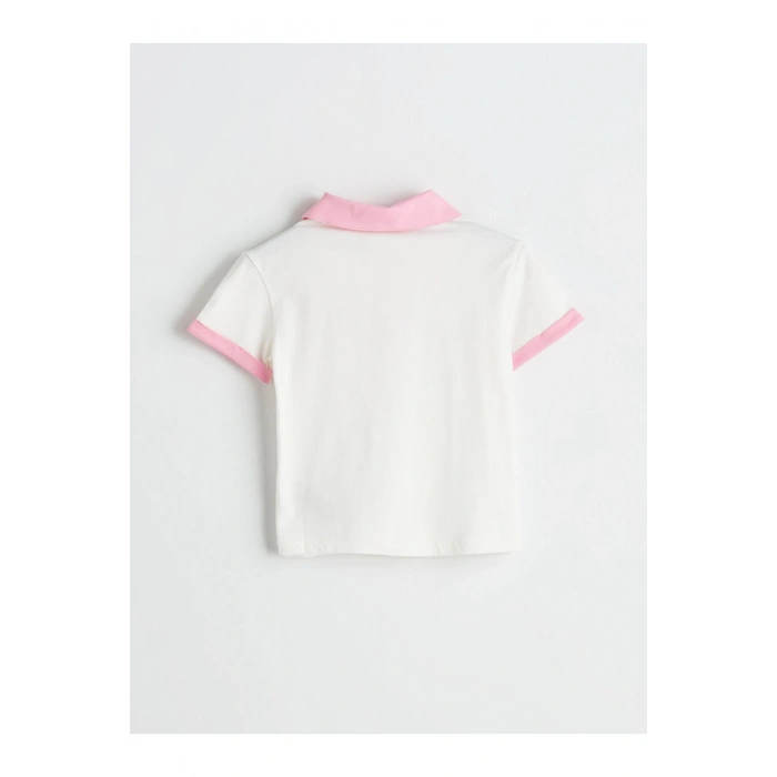 LCW Kids Ekru Polo Yaka Nakışlı Penye Kız Çocuk Tişört