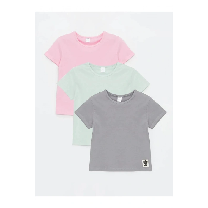 LCW Kids Gri Bisiklet Yaka Basic Kız Bebek Tişört 3lü