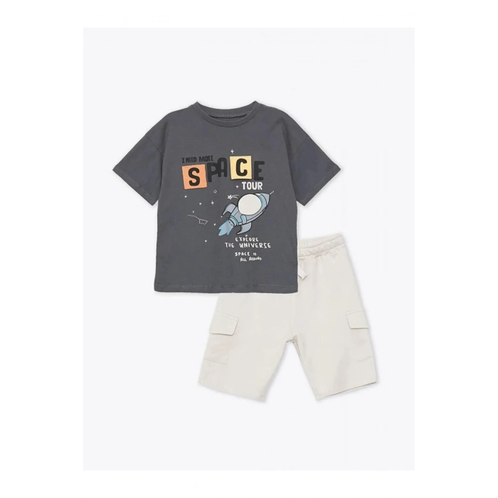 LCW Kids Gri Bisiklet Yaka Baskılı Erkek Bebek Tişört ve Şort 2li Takım