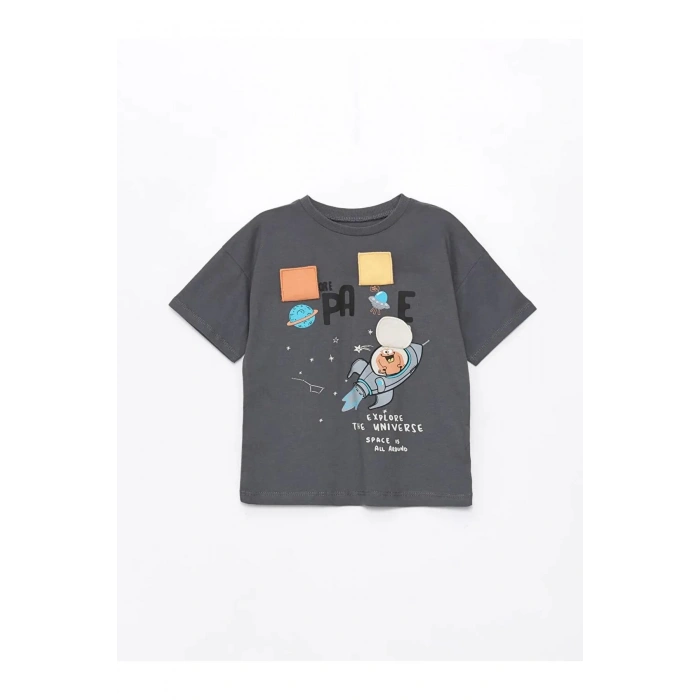 LCW Kids Gri Bisiklet Yaka Baskılı Erkek Bebek Tişört ve Şort 2li Takım