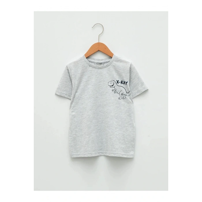 LCW Kids Gri Bisiklet Yaka Baskılı Kısa Kollu Erkek Çocuk Tişört