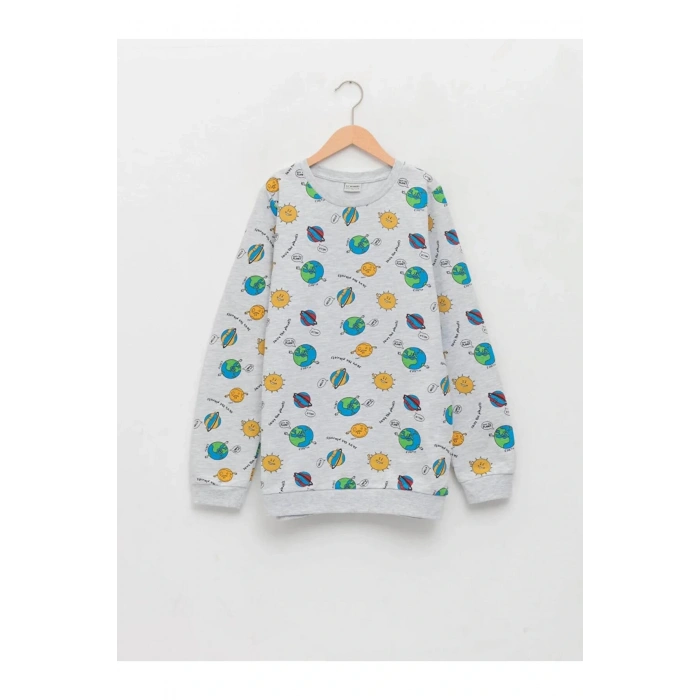 LCW Kids Gri Bisiklet Yaka Baskılı Uzun Kollu Erkek Çocuk Sweatshirt