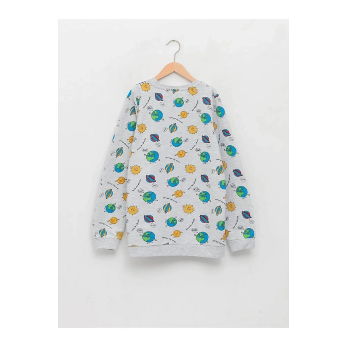 LCW Kids Gri Bisiklet Yaka Baskılı Uzun Kollu Erkek Çocuk Sweatshirt