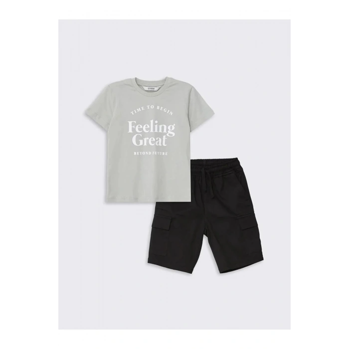 LCW Kids Gri Bisiklet Yaka Erkek Çocuk Tişört ve Bermuda