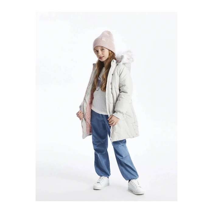 LCW Kids Gri Kapüşonlu Kız Çocuk Kaban