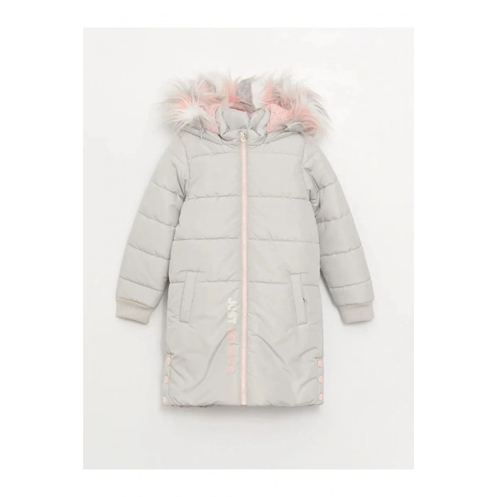 LCW Kids Gri Kapüşonlu Kız Çocuk Kaban