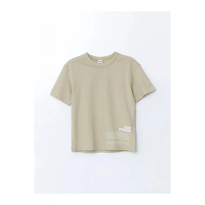 LCW Kids Haki Bisiklet Yaka Yazı Baskılı Erkek Çocuk Tişört