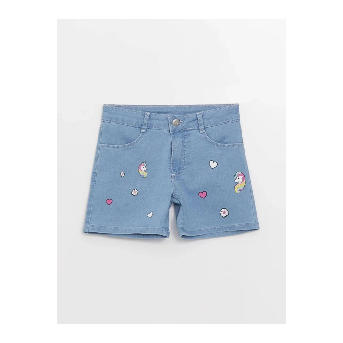 LCW Kids İndigo Baskılı Kız Çocuk Jean Şort
