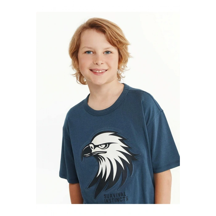 LCW Kids Indigo Bisiklet Yaka Baskılı Penye Erkek Çocuk Tişört