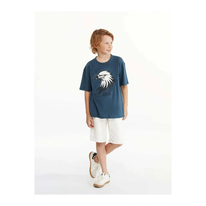 LCW Kids Indigo Bisiklet Yaka Baskılı Penye Erkek Çocuk Tişört