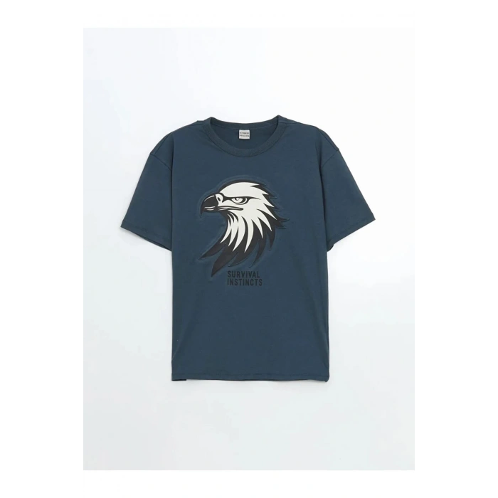 LCW Kids Indigo Bisiklet Yaka Baskılı Penye Erkek Çocuk Tişört