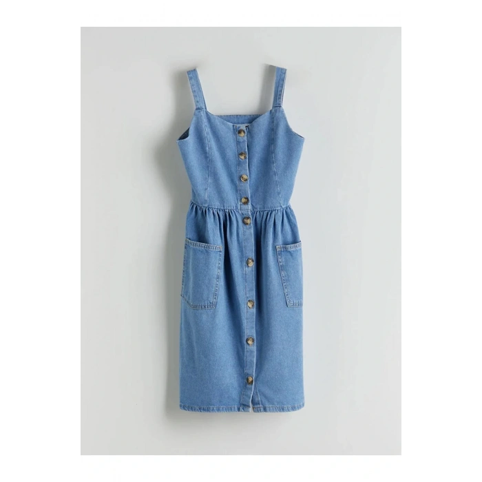 LCW Kids Indigo Kare Yaka Kız Çocuk Jean Elbise