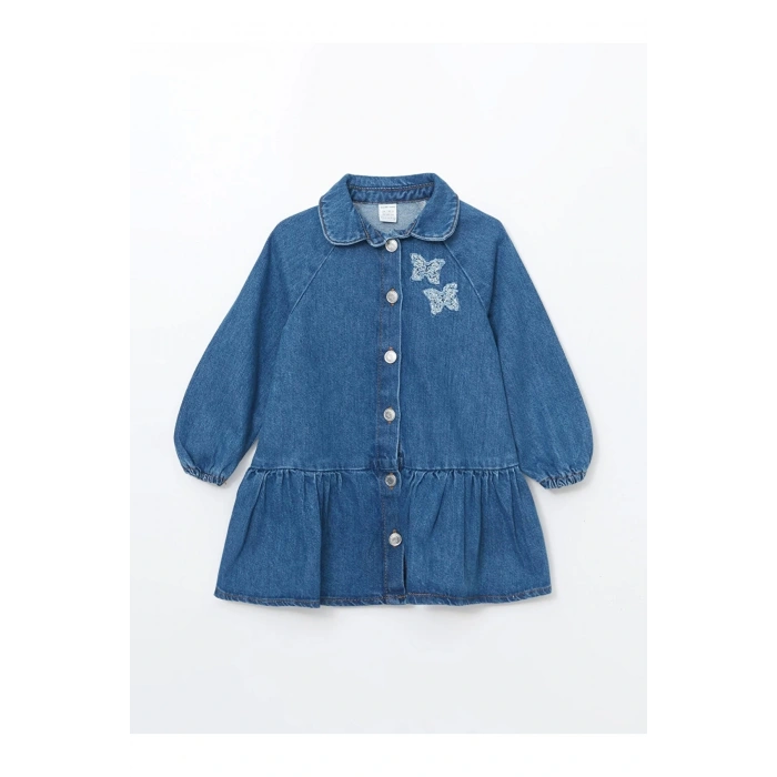 Lcw Kids Indigo Uzun Kollu Nakışlı Kız Bebek Jean Elbise
