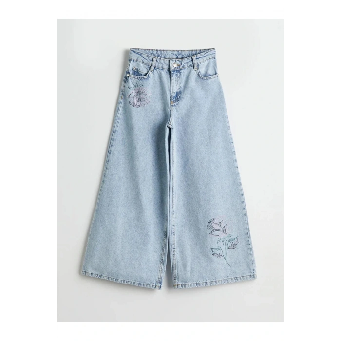 LCW Kids Indigo Wideleg Taşlı Kız Çocuk Jean Pantolon