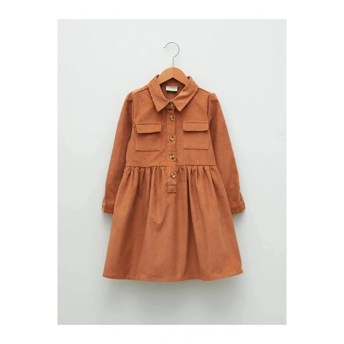 LCW Kids Kahverengi Gömlek Yaka Basic Uzun Kollu Kadife Kız Çocuk Elbise
