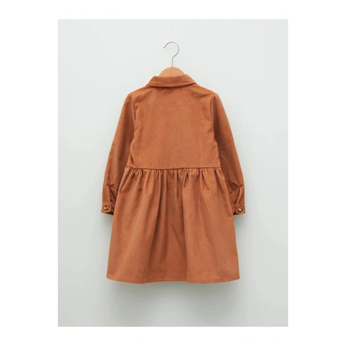 LCW Kids Kahverengi Gömlek Yaka Basic Uzun Kollu Kadife Kız Çocuk Elbise