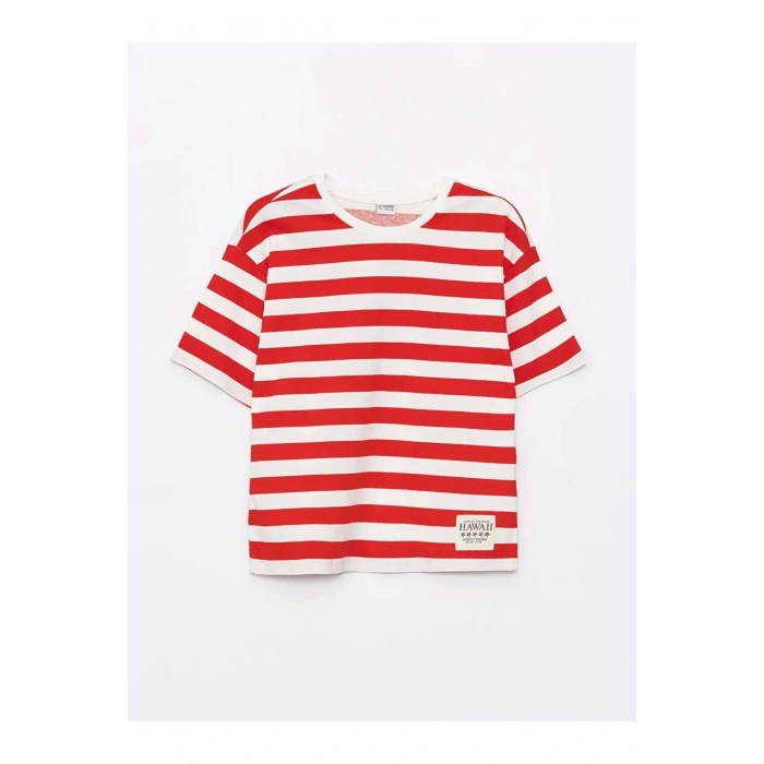 LCW Kids Kırmızı Bisiklet Yaka Çizgili Kısa Kollu Kız Çocuk Tişört