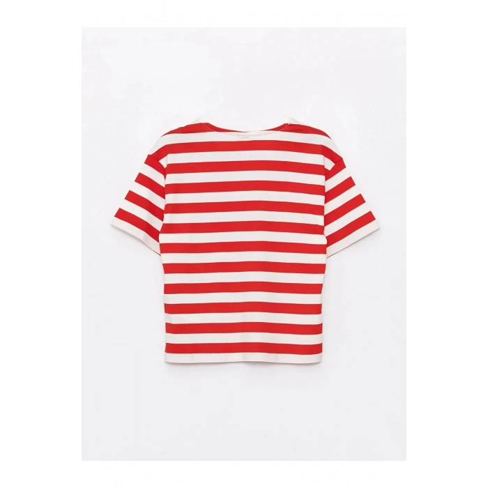 LCW Kids Kırmızı Bisiklet Yaka Çizgili Kısa Kollu Kız Çocuk Tişört