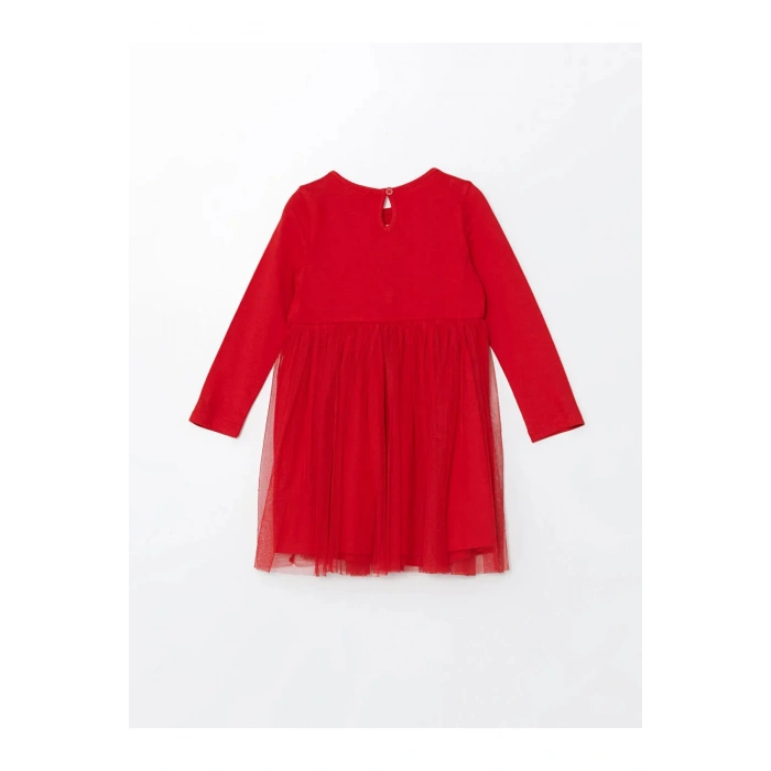 LCW Kids Kırmızı Bisiklet Yaka Yılbaşı Temalı Kız Çocuk Elbise