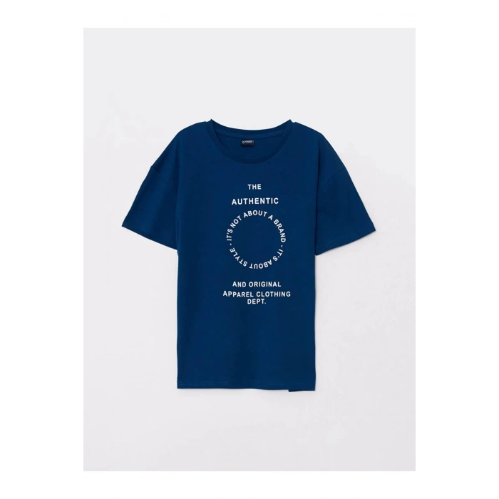 LCW Kids Lacivert Bisiklet Yaka Baskılı Kısa Kollu Pamuklu Erkek Çocuk Tişört