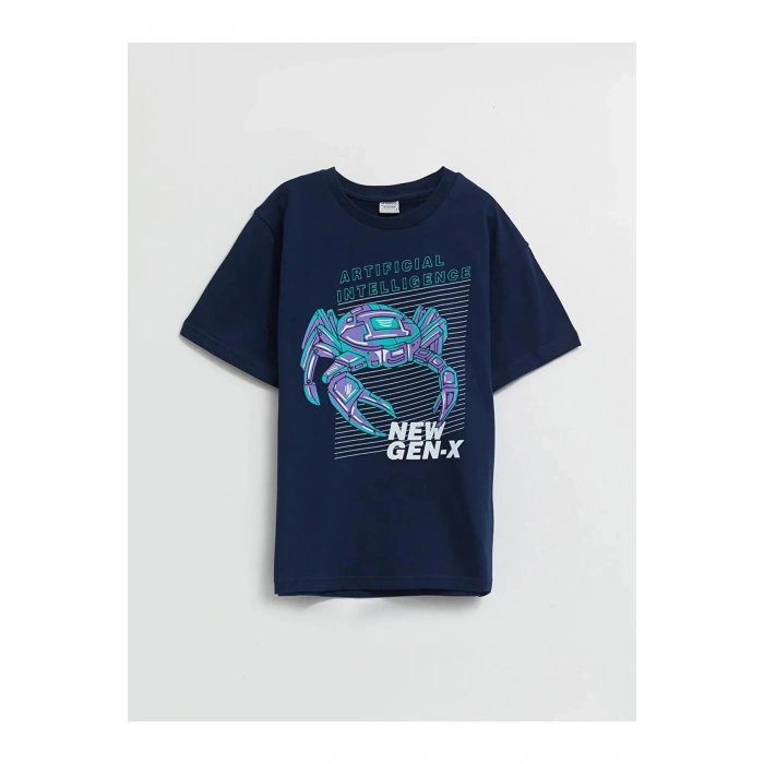 LCW Kids Lacivert Bisiklet Yaka Baskılı Kısa Kollu Pamuklu Erkek Çocuk Tişört