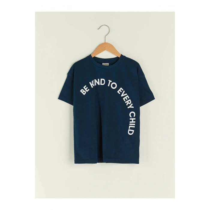 LCW Kids Lacivert Bisiklet Yaka Slogan Yazı Baskılı Kısa Kollu Pamuklu Erkek Çocuk Tişört