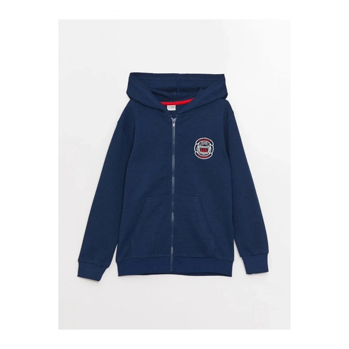 LCW Kids Lacivert Kapüşonlu Nakışlı Uzun Kollu Erkek Çocuk Fermuarlı Sweatshirt