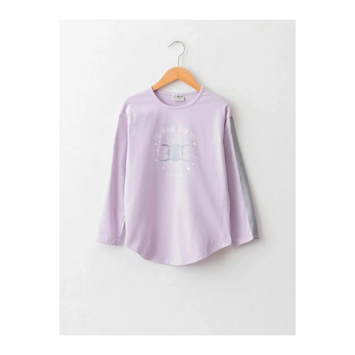 LCW Kids Lila Bisiklet Yaka Baskılı Uzun Kollu Pamuklu Kız Çocuk Tişört