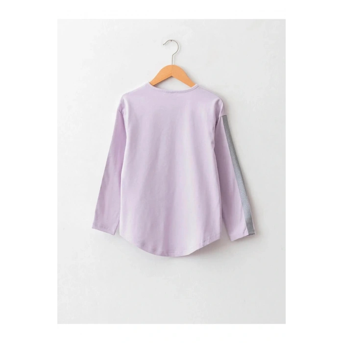 LCW Kids Lila Bisiklet Yaka Baskılı Uzun Kollu Pamuklu Kız Çocuk Tişört