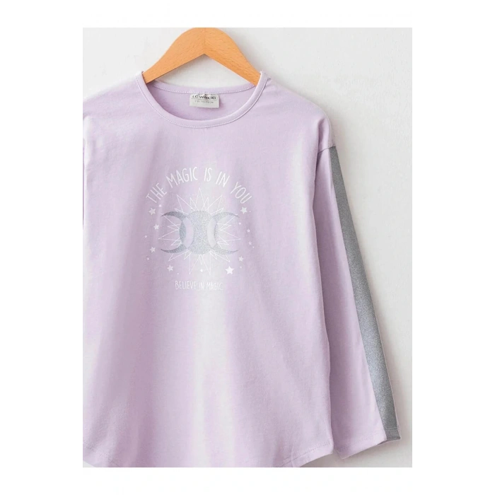 LCW Kids Lila Bisiklet Yaka Baskılı Uzun Kollu Pamuklu Kız Çocuk Tişört