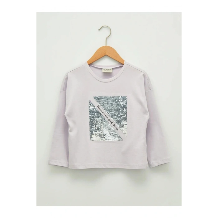 LCW Kids Lila Bisiklet Yaka Pul Payet İşlemeli Uzun Kollu Kız Çocuk Tişört