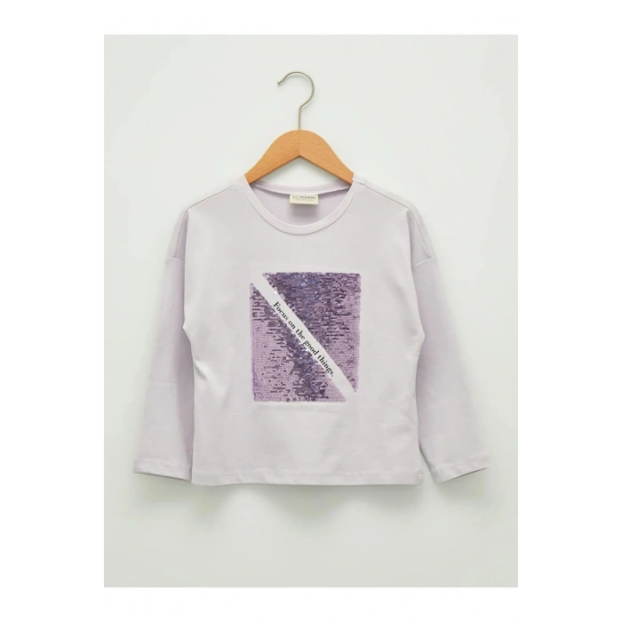 LCW Kids Lila Bisiklet Yaka Pul Payet İşlemeli Uzun Kollu Kız Çocuk Tişört