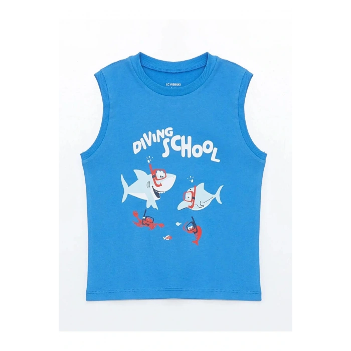 LCW Kids Mavi Bisiklet Yaka Baskılı Erkek Bebek Atlet