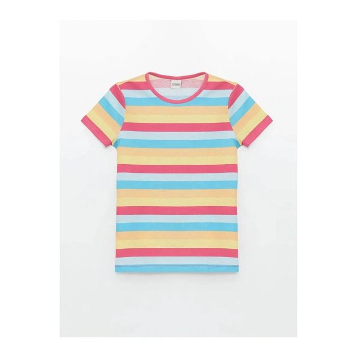 LCW Kids Mavi Bisiklet Yaka Çizgili Kısa Kollu Kız Çocuk Tişört