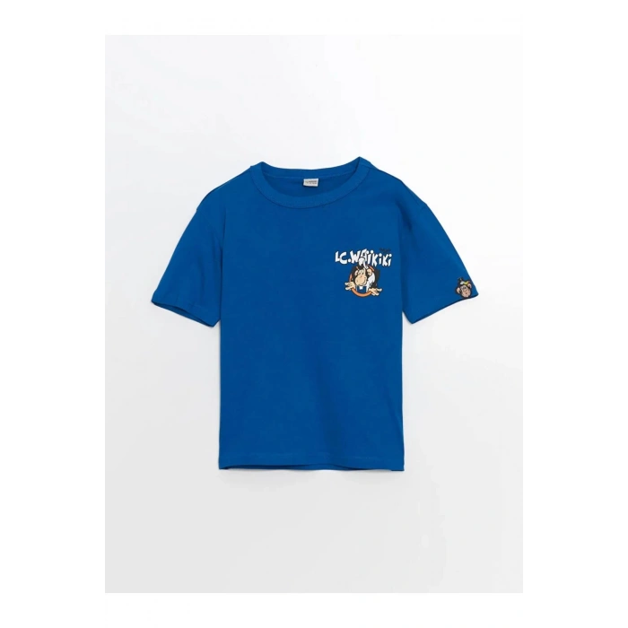 LCW Kids Mavi Bisiklet Yaka Nostaljik Maymun Baskılı Erkek Çocuk Tişört
