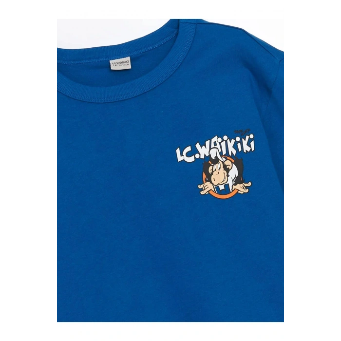LCW Kids Mavi Bisiklet Yaka Nostaljik Maymun Baskılı Erkek Çocuk Tişört