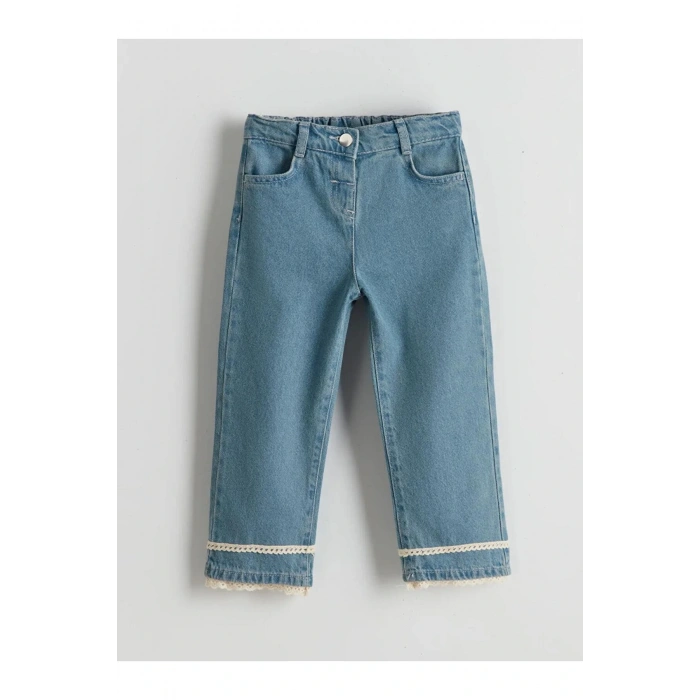 LCW Kids Mavi Dantel Detaylı Wide Leg Kız Çocuk Jean Pantolon