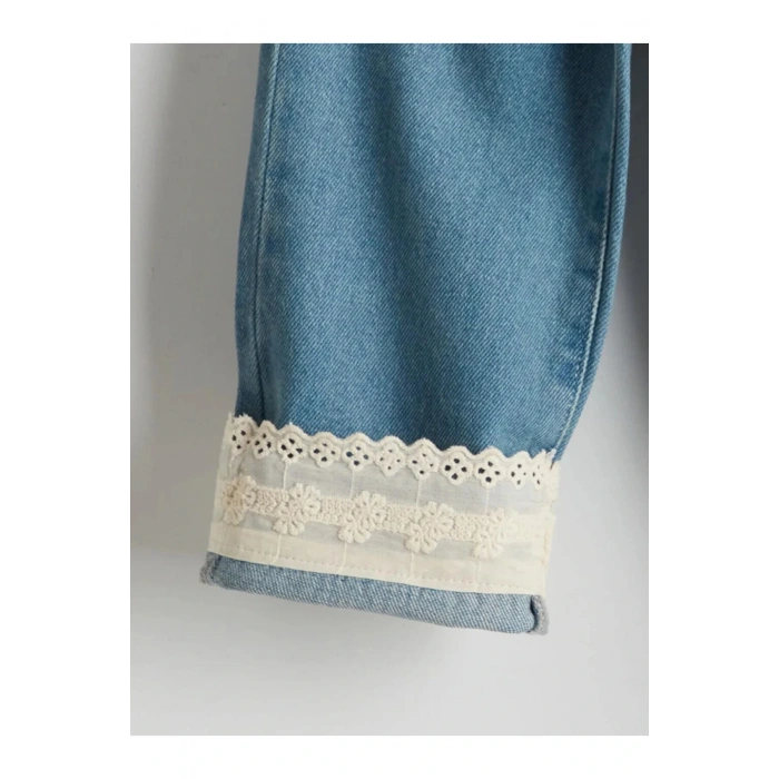 LCW Kids Mavi Dantel Detaylı Wide Leg Kız Çocuk Jean Pantolon