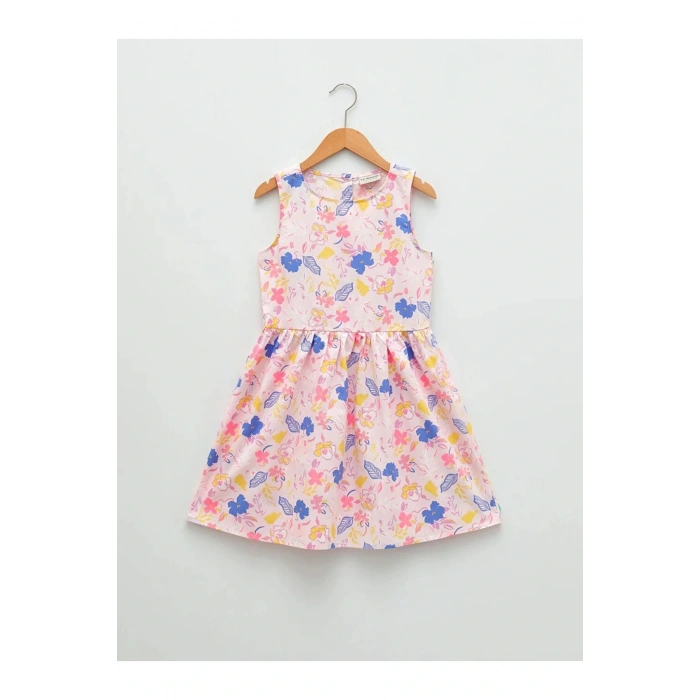 LCW Kids Mercan Bisiklet Yaka Desenli Poplin Kız Çocuk Elbise