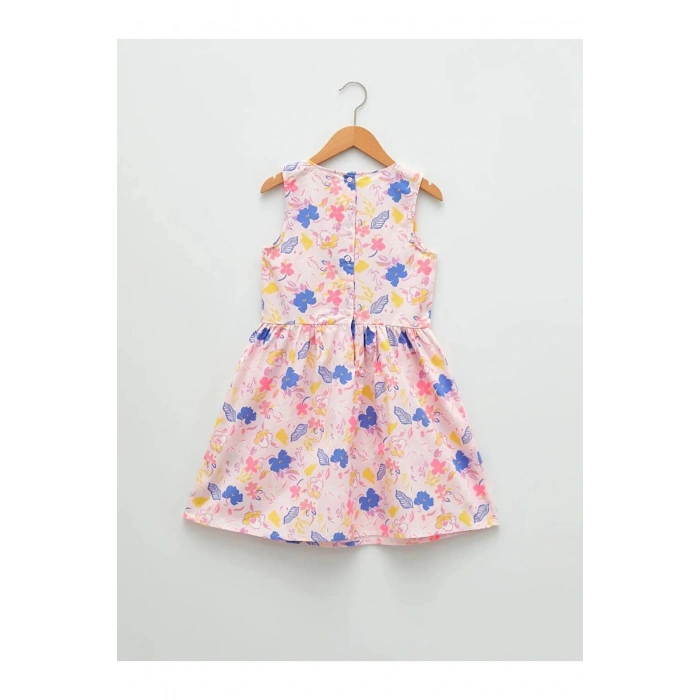 LCW Kids Mercan Bisiklet Yaka Desenli Poplin Kız Çocuk Elbise
