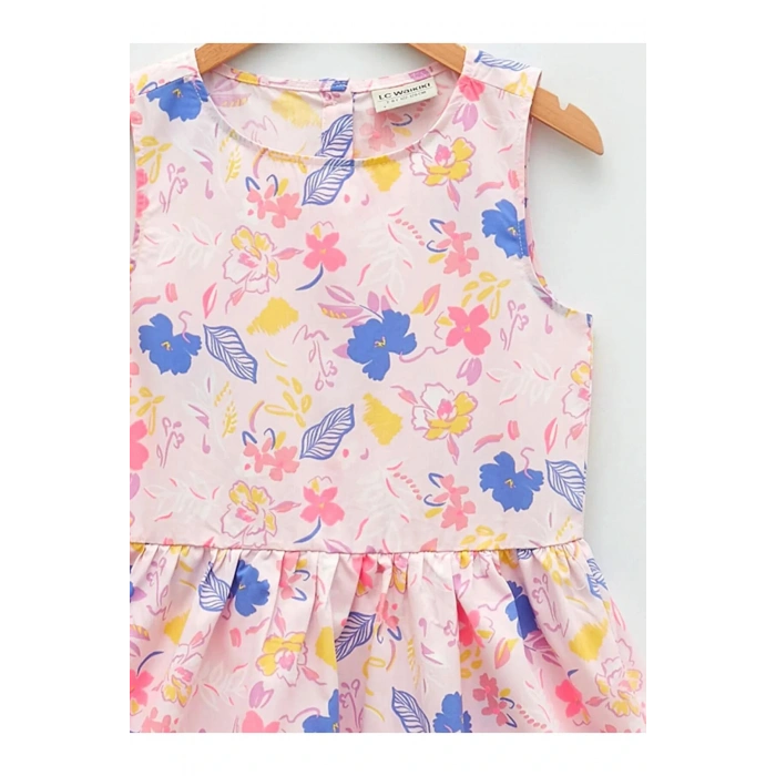 LCW Kids Mercan Bisiklet Yaka Desenli Poplin Kız Çocuk Elbise