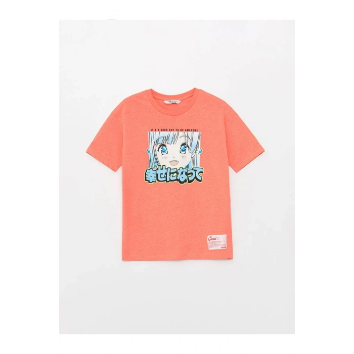 LCW Kids pembe  Bisiklet Yaka Baskılı Kısa Kollu Kız Çocuk Tişört