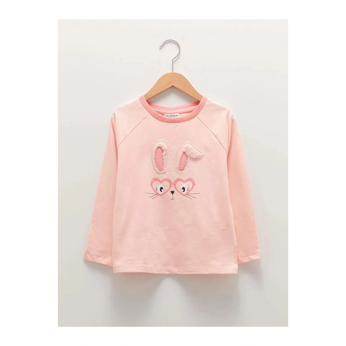 LCW Kids Pembe Bisiklet Yaka Baskılı Uzun Kollu Kız Çocuk Tişört