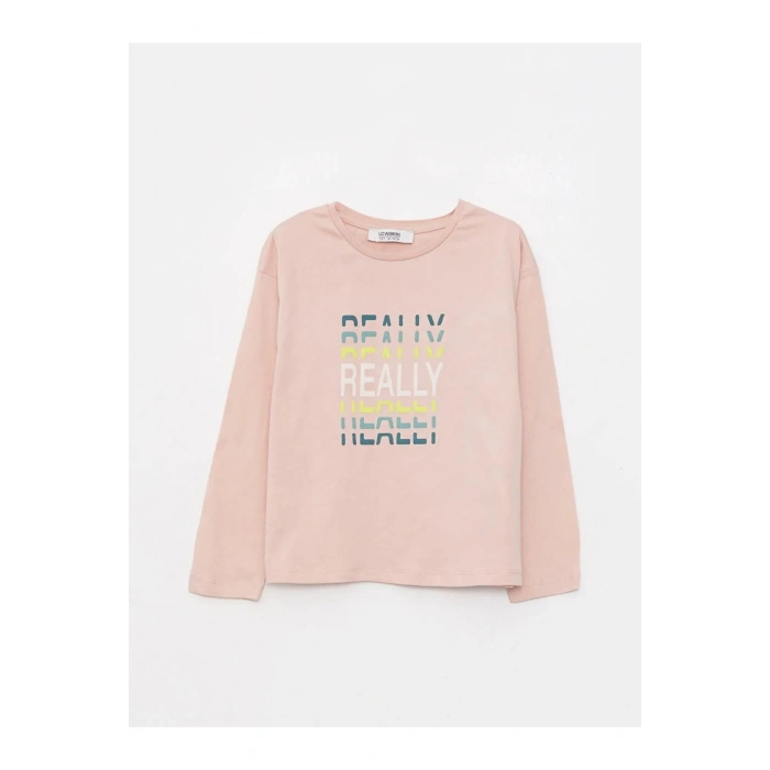 LCW Kids Pembe Bisiklet Yaka Baskılı Uzun Kollu Pamuklu Kız Çocuk Tişört