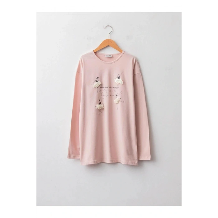 LCW Kids Pembe Bisiklet Yaka Baskılı Uzun Kollu Pamuklu Kız Çocuk Tişört