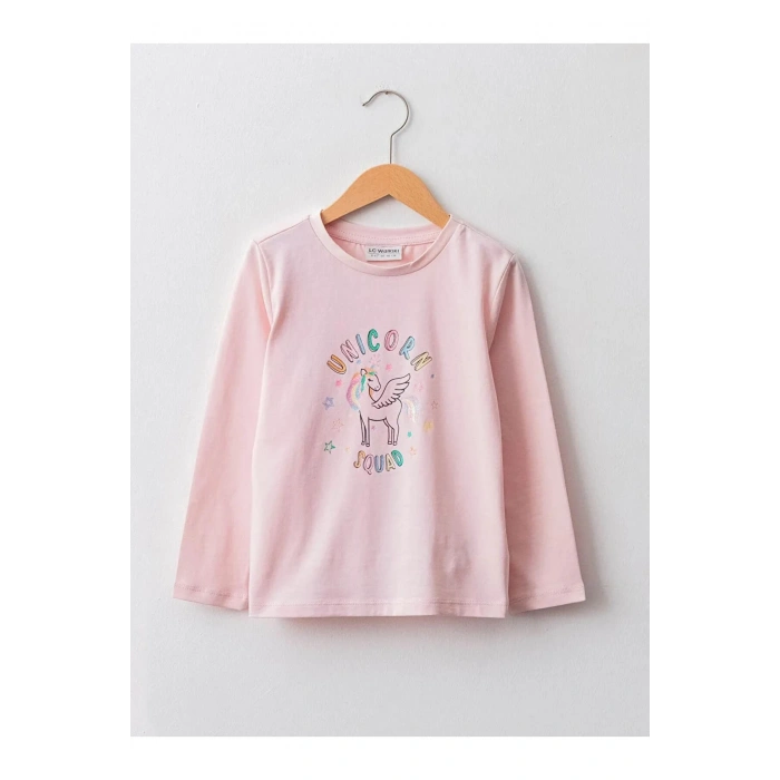 LCW Kids Pembe Bisiklet Yaka Baskılı Uzun Kollu Pamuklu Kız Çocuk Tişört