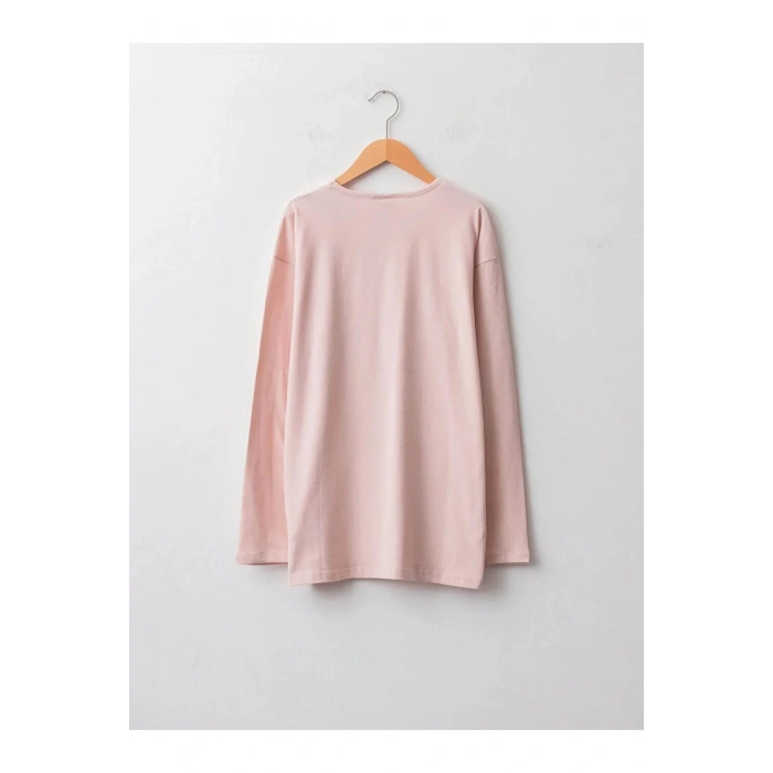 LCW Kids Pembe Bisiklet Yaka Baskılı Uzun Kollu Pamuklu Kız Çocuk Tişört