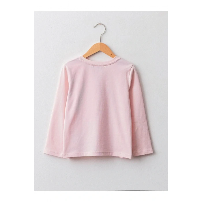 LCW Kids Pembe Bisiklet Yaka Baskılı Uzun Kollu Pamuklu Kız Çocuk Tişört