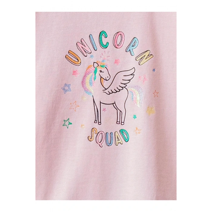 LCW Kids Pembe Bisiklet Yaka Baskılı Uzun Kollu Pamuklu Kız Çocuk Tişört